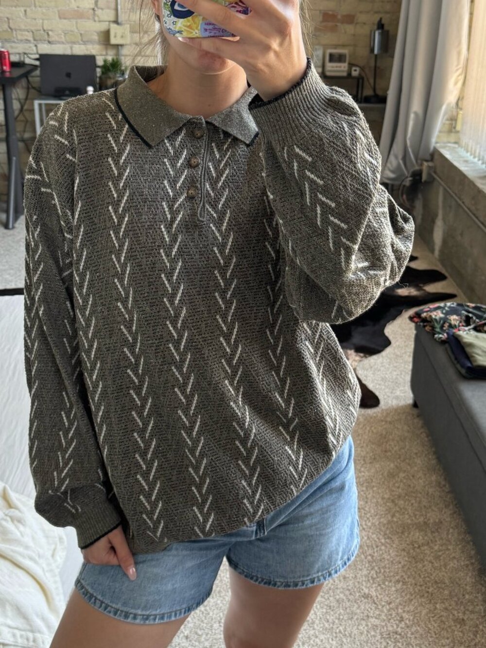 Vintage Conte di Milano Gray Chevron Sweater, Size L